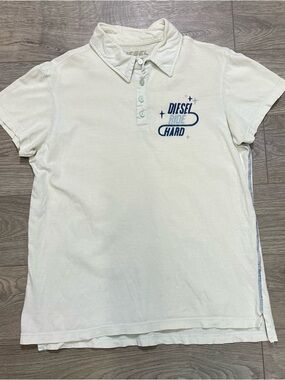 Vintage Diesel‎ "Ride Hard" Graphic Polo Shirt Off-White Cream Y2K Style